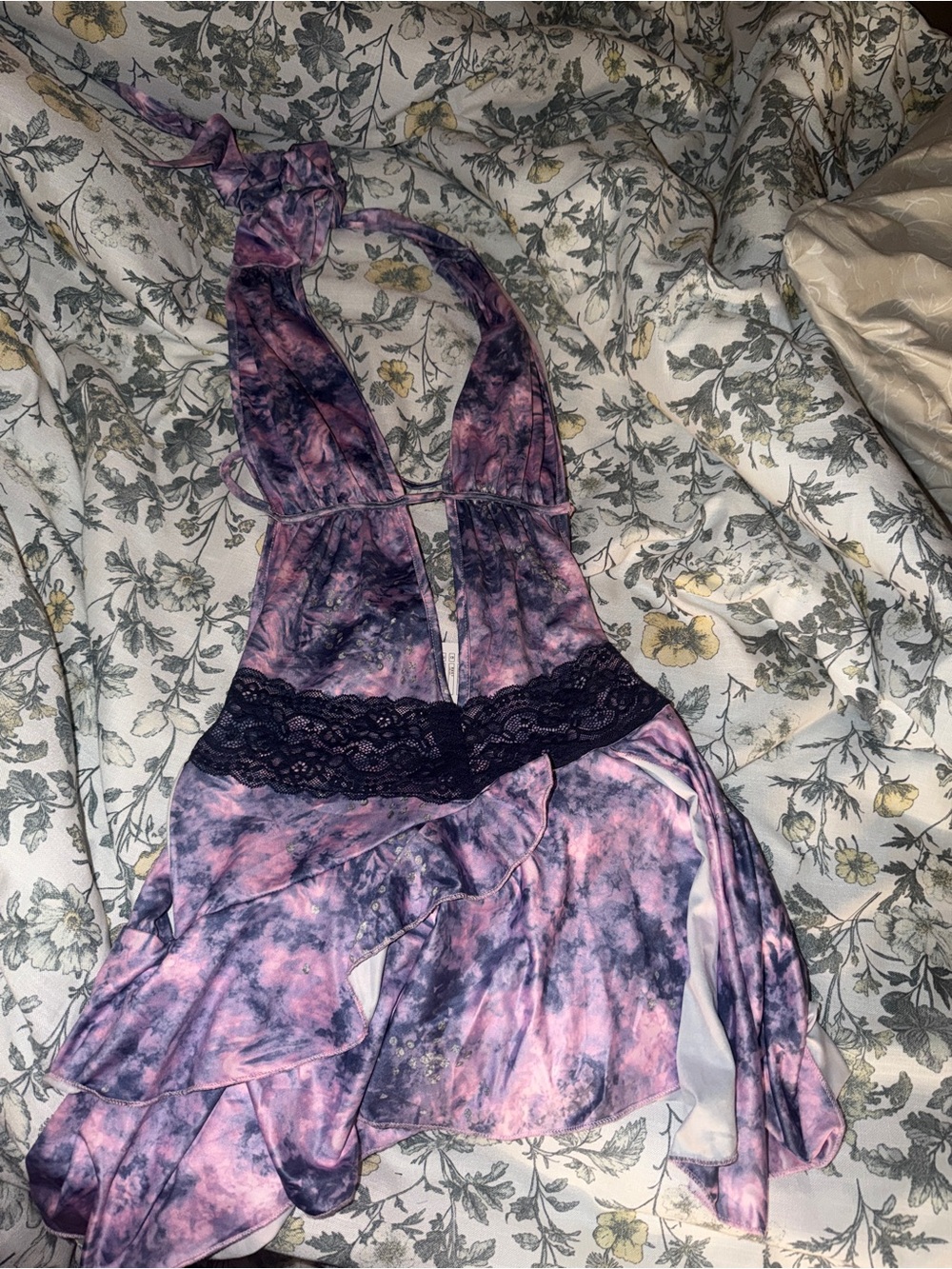 Tie-Dye Purple Halter Dress with Lace Waist
